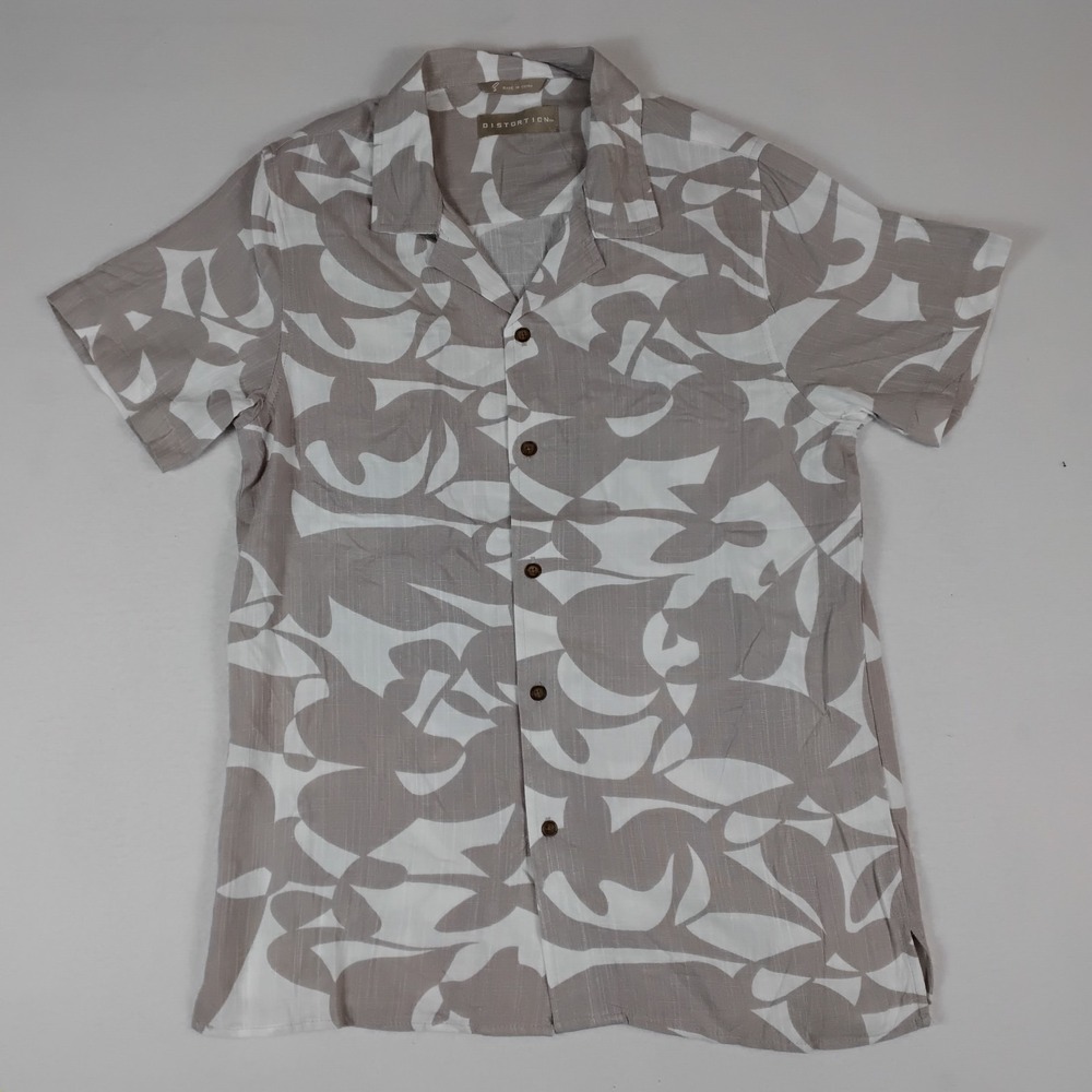 Distortion Mens S Camp Collar Hawaiian Shirt Taupe White Abstract Floral